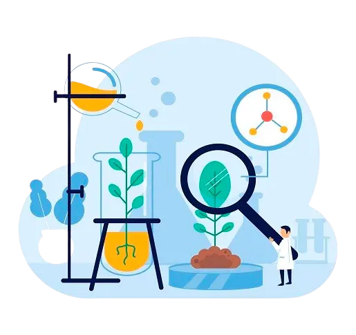 A vector graphic of a man in a lab coat examining the leaf of a plant, with test tubes and various chemicals in the background