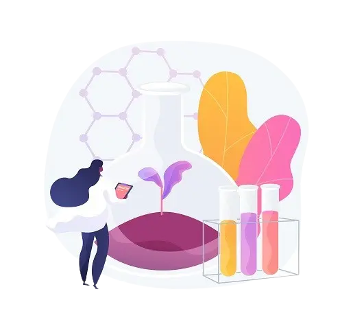 A vector graphic of a woman in a lab coat standing in front of test tubes, looking at a plant in a round-bottom flask