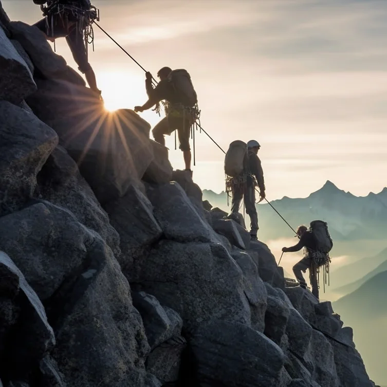 A picture of 3 mountain climbers helping each other and climbing up some steep rocks while the sun rises in the distance