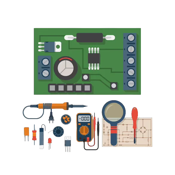 A vector grapic of electrical circuitry, a motherboard and other electrical tools