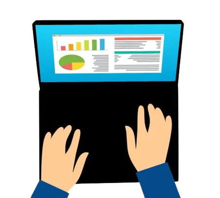 A vector graphic of a person working on a laptop with pie charts, graphs and other analytical information