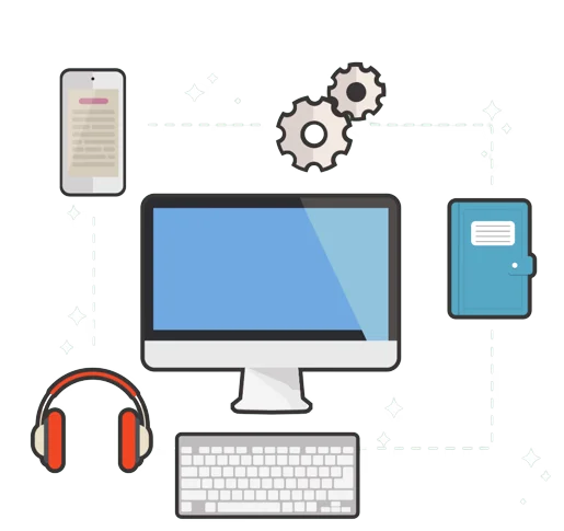A 2D graphic of a computer, headphones, a journal, cogs and a smartphone