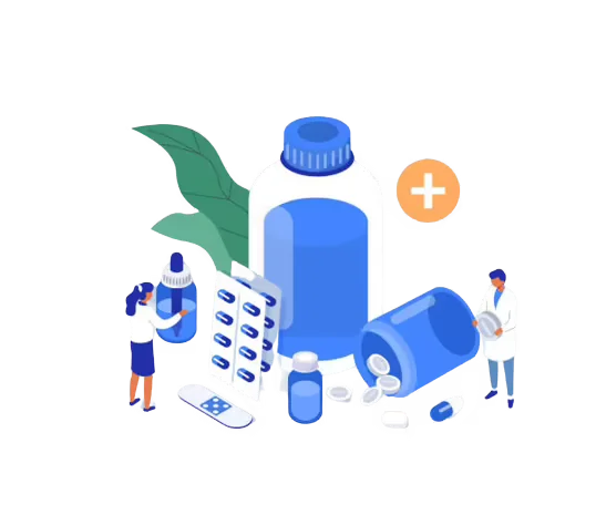 A vector grapic of a man and a woman inspecting pharmaceutical medicines and drugs
